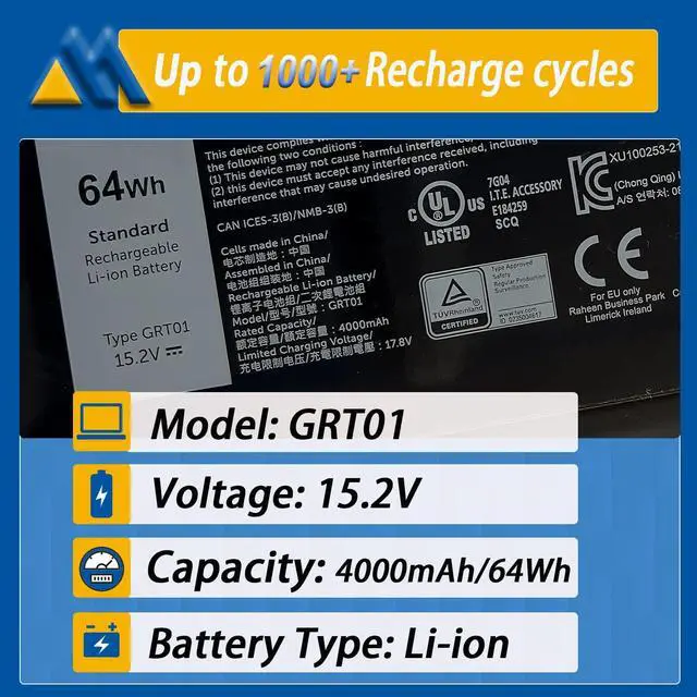 Alt view image 2 of 4 - 64Wh GRT01 Laptop Battery Replacement for Dell Latitude 15 5521 5531 14 5421 5431 Precision 3470 3561 3571 Alienware m17 R5 AMD Series R05P0 00P3TJ 0P3TJ VXD57 05RGW 9JRV0 15.2V 4000mAh 4-Cells