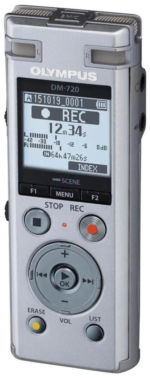 Main image of Olympus Voice Recorder DM-720 with 4GB, Micro SD Slot, USB Charging, Direction PC Connection, Transcription Mode, Silver