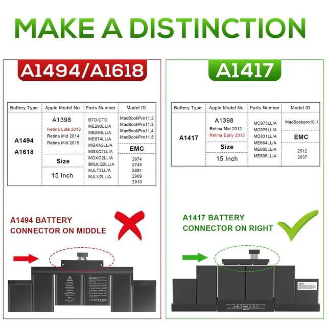 Alt view image 2 of 4 - A1417 Laptop Battery Replacement for MacBook Pro A1398 (Mid 2012 & Early 2013), Apply to MacBook Pro 15 inch Retina (Mid 2012, Early 2013 Version) - EMC 2512 or 2673