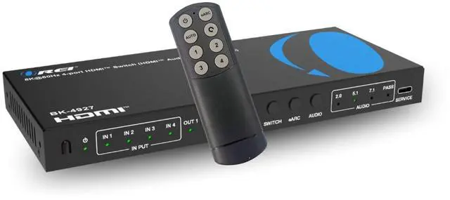 Main image of 8K 4-Port HDMI Audio Extractor Switch 4x1 with eARC/ARC Support 48Gbps HDMI 2.1, 4K@120Hz, Dolby Vision, Dolby Atmos, CEC, HDR10+, eARC to HDMI Output for AV Receiver, Remote Control BK-4927