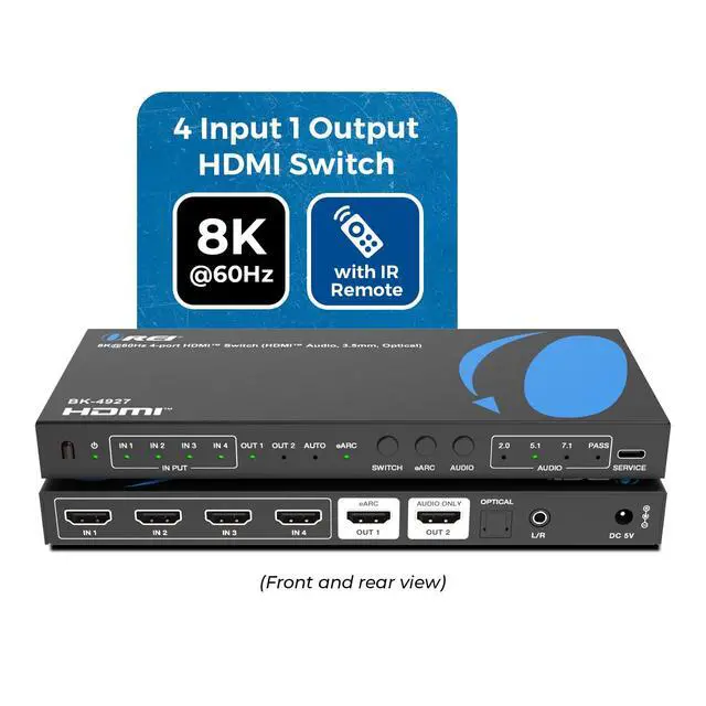 Alt view image 2 of 4 - 8K 4-Port HDMI Audio Extractor Switch 4x1 with eARC/ARC Support 48Gbps HDMI 2.1, 4K@120Hz, Dolby Vision, Dolby Atmos, CEC, HDR10+, eARC to HDMI Output for AV Receiver, Remote Control BK-4927