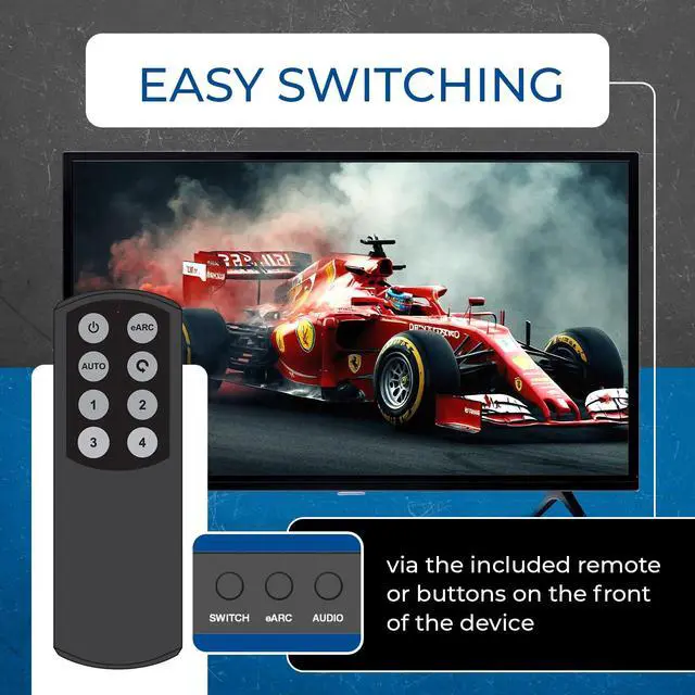 Alt view image 4 of 4 - 8K 4-Port HDMI Audio Extractor Switch 4x1 with eARC/ARC Support 48Gbps HDMI 2.1, 4K@120Hz, Dolby Vision, Dolby Atmos, CEC, HDR10+, eARC to HDMI Output for AV Receiver, Remote Control BK-4927