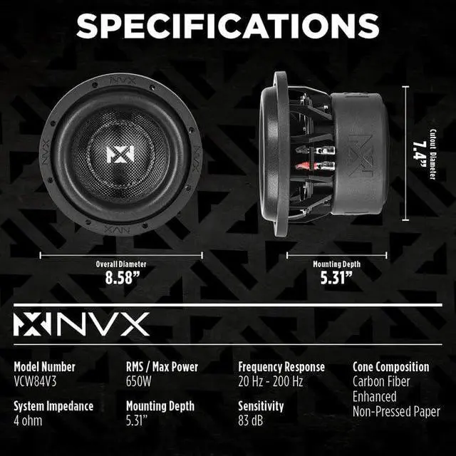 Alt view image 3 of 4 - VCW84v3 8 1300 Watt Max (650W RMS) Dual 4-Ohm VC-Series Car Subwoofer (VCW84 Version 3)