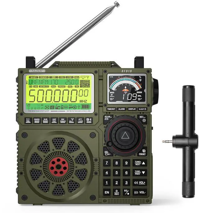 Main image of RF919 SSB Shortwave Radio with NOAA Weather Band, Full Band FM AM SW VHF UHF AIR CB WB and SSB Receiver, with Antenna Tuner, 3 External Antenna Ports, 5000mAh Rechargeable Battery (Army Green)
