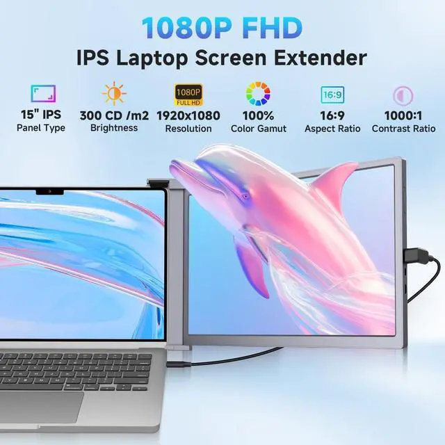 Alt view image 2 of 4 - Laptop Monitor Extender, 15" 1080P FHD Triple Screen Extender for 15-17.3" Laptop, Ultra-Thin Screen Extender Portable Laptop for Study Office Gaming Business Trip Use Mac/Windows/Chrome (15.2 Inches)
