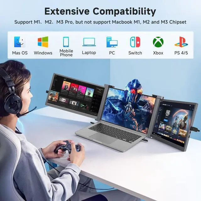 Alt view image 3 of 4 - Laptop Monitor Extender, 15" 1080P FHD Triple Screen Extender for 15-17.3" Laptop, Ultra-Thin Screen Extender Portable Laptop for Study Office Gaming Business Trip Use Mac/Windows/Chrome (15.2 Inches)