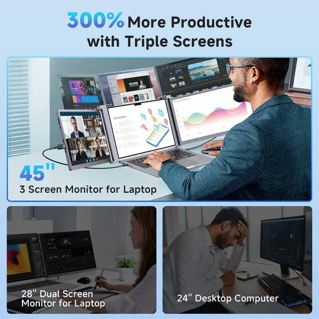Alt view image 4 of 4 - Laptop Monitor Extender, 15" 1080P FHD Triple Screen Extender for 15-17.3" Laptop, Ultra-Thin Screen Extender Portable Laptop for Study Office Gaming Business Trip Use Mac/Windows/Chrome (15.2 Inches)