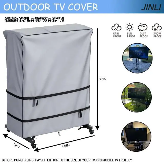 Alt view image 2 of 4 - 60-65 inch outdoor TV trolley cover, courtyard TV cover, Oxford fabric waterproof and dustproof, triple windproof design, compatible with rolling/mobile stand,Grey