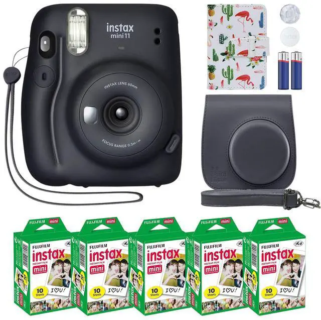 Main image of Instax Mini 11 Instant Camera Charcoal Gray + MiniMate Accessory Bundle & Compatible Custom Case + Fuji Instax Film Value Pack (50 Sheets) Flamingo Designer Photo Album