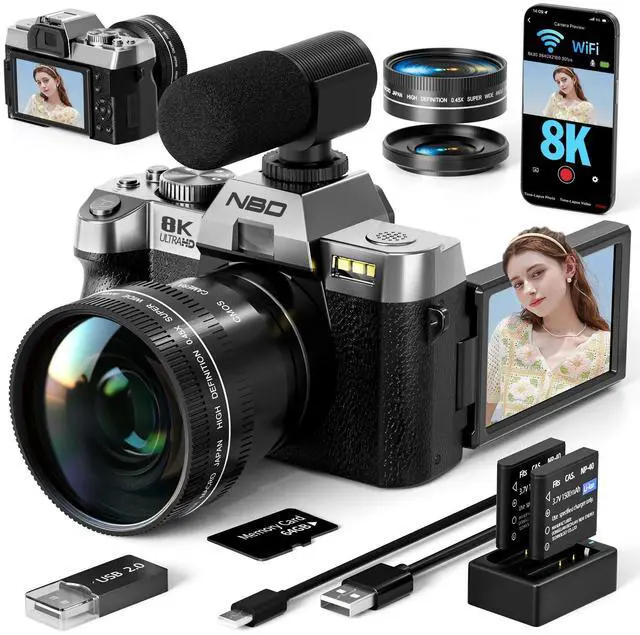 Main image of True 8K Digital Cameras for Photography 64MP - WiFi, Wide-Angle & Macro Lens, 16X Zoom Autofocus, 3" 180° Flip Screen, 64GB Card, Vlogging Camera for YouTube Travel(Silver)