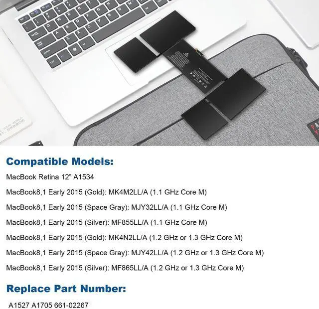 Alt view image 3 of 4 - A1527 Battery Replacement for A1534 Battery (Early 2015 2016 Mid 2017) Fit for MacBook8,1 9,1 10,1 A1534 12-inch A1527 661-02267 MF855LL/A MK4M2CH/A MNYG2LL/A