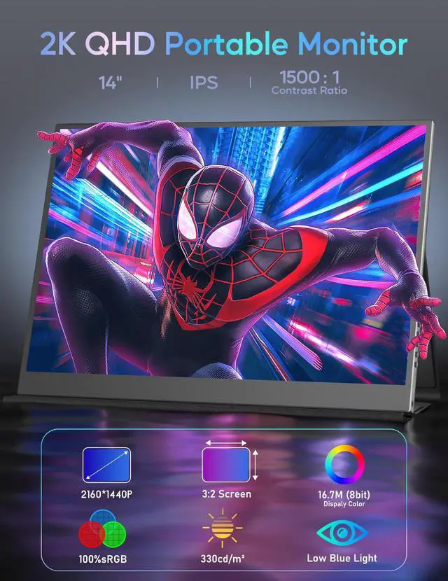 Alt view image 2 of 4 - Portable Monitor 14inch 2K Laptop Monitor USB C HDMI Gaming Ultra-Slim IPS Display Smart Cover & Speakers, 2160 * 1440P Screen for Laptop, HDR External Monitor for Laptop PC Phone Mac Xbox