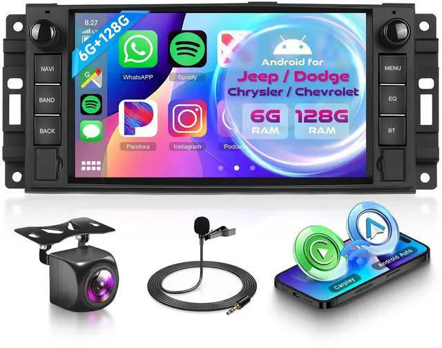 Main image of 6G+128G Android Car Stereo for Dodge Ram 1500 2008-2012 Jeep Wrangler JK 2007-2018 with Wireless CarPlay Android Auto, 7 Inch Car Radio GPS Navigation WIFI SWC Bluetooth FM with Backup Camera