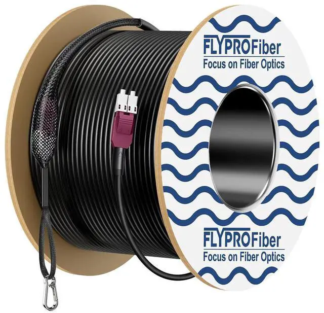 Main image of 50m/164ft OD-5mm OM4 Fiber LC to LC Armored Outdoor Fiber Patch Cable Industrial TPU, Direct Burial, 40G/100G, 50/125um Duplex Multimode, with Pulling Eye Kit Installed on one end
