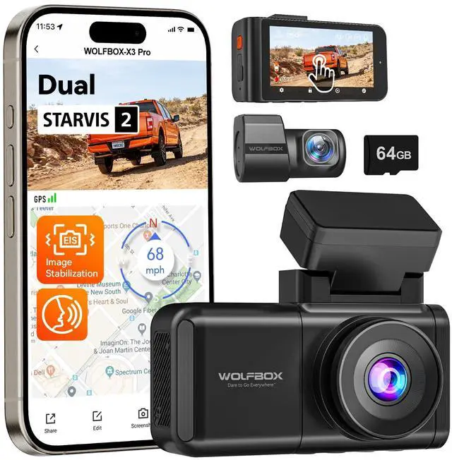 Main image of X3 PRO Dash Cam Front and Rear, Dual STARVIS 2 IMX675, 1440P 60FPS+1440P ADAS Car Camera, EIS Image Stabilization with Ultra-Fast 5.8GHz WiFi, Voice Control & 3" Touch Screen, 64GB Card & GPS