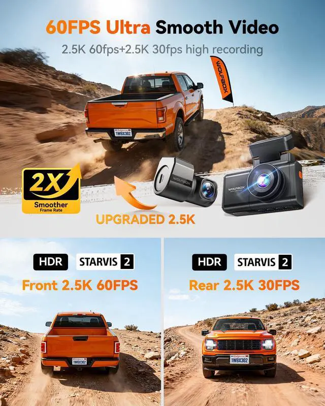 Alt view image 2 of 4 - X3 PRO Dash Cam Front and Rear, Dual STARVIS 2 IMX675, 1440P 60FPS+1440P ADAS Car Camera, EIS Image Stabilization with Ultra-Fast 5.8GHz WiFi, Voice Control & 3" Touch Screen, 64GB Card & GPS