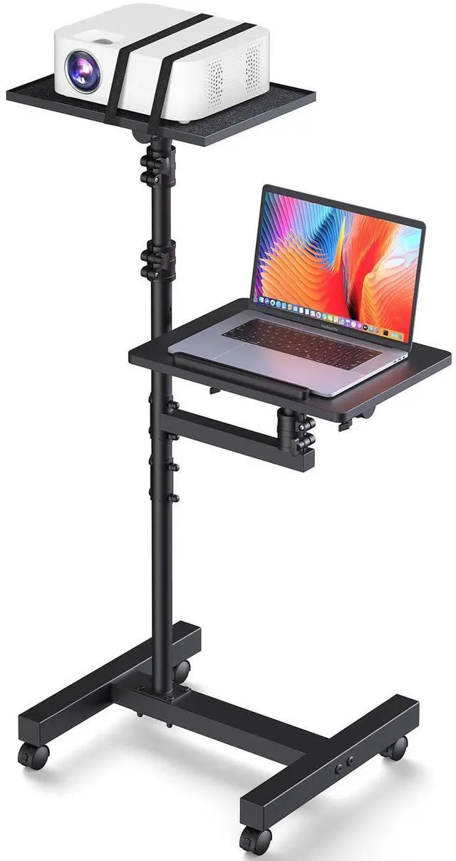 Main image of 2 Shelves Projector Stand Tripod, Height Adjustable Max 64", Mobile Laptop Cart on Wheels Projector Tripod Stand, Overbed Table with Wheels, Rolling Laptop Floor Stand for Couch