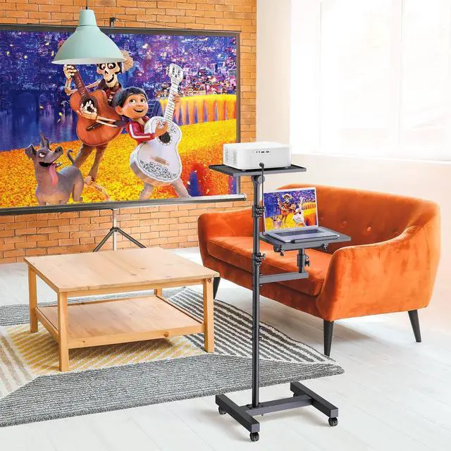 Alt view image 2 of 4 - 2 Shelves Projector Stand Tripod, Height Adjustable Max 64", Mobile Laptop Cart on Wheels Projector Tripod Stand, Overbed Table with Wheels, Rolling Laptop Floor Stand for Couch