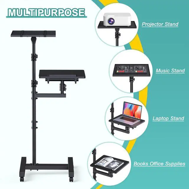 Alt view image 3 of 4 - 2 Shelves Projector Stand Tripod, Height Adjustable Max 64", Mobile Laptop Cart on Wheels Projector Tripod Stand, Overbed Table with Wheels, Rolling Laptop Floor Stand for Couch