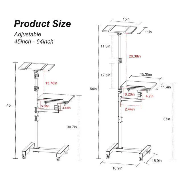 Alt view image 4 of 4 - 2 Shelves Projector Stand Tripod, Height Adjustable Max 64", Mobile Laptop Cart on Wheels Projector Tripod Stand, Overbed Table with Wheels, Rolling Laptop Floor Stand for Couch
