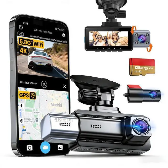 Main image of JIMIMAX 4K+1080P+1080P 3 Channel Dash Cam Front and Rear with Cabin, Free 128GB Card Included, 5.8GHz WIFI6 Dash Camera, IR Night Vision, Built-in GPS, G-Sensor, 24H Parking Mode, Support 512GB Max