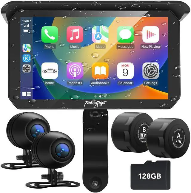 Main image of 2026 Portable 5" Wireless Motorcycle Carplay (Inculed 128G SD Card) with Android Auto Screen, HD Waterproof Touch Screen, TPMS, GPS Navigation System, G-Sensor, Duble Dash Cam/Camera