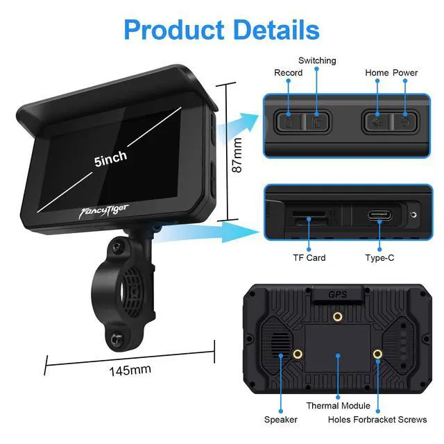 Alt view image 6 of 6 - 2026 Portable 5" Wireless Motorcycle Carplay (Inculed 128G SD Card) with Android Auto Screen, HD Waterproof Touch Screen, TPMS, GPS Navigation System, G-Sensor, Duble Dash Cam/Camera