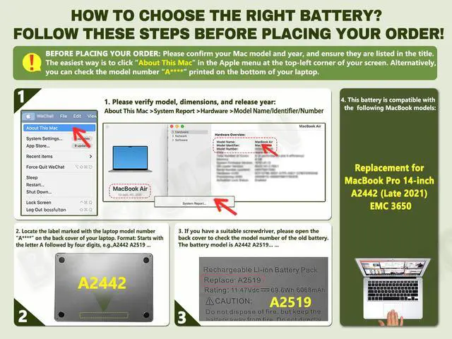 Alt view image 3 of 6 - A2519 A2442 Battery Replacement for MacBook Pro 14-inch A2442 (2021), EMC 3650 8102 A2519 Battery - 6100mAh 69.9Wh