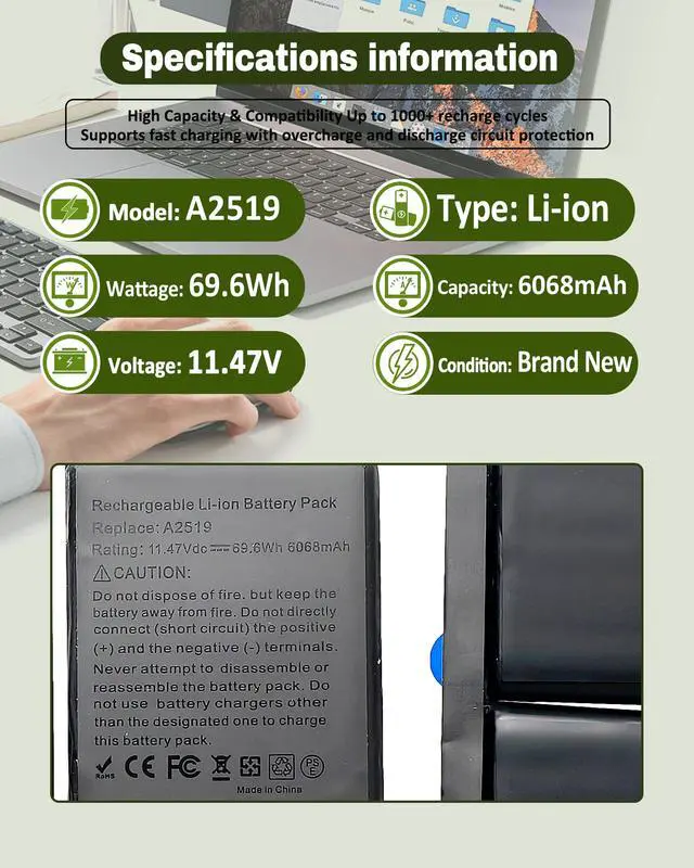 Alt view image 4 of 6 - A2519 A2442 Battery Replacement for MacBook Pro 14-inch A2442 (2021), EMC 3650 8102 A2519 Battery - 6100mAh 69.9Wh