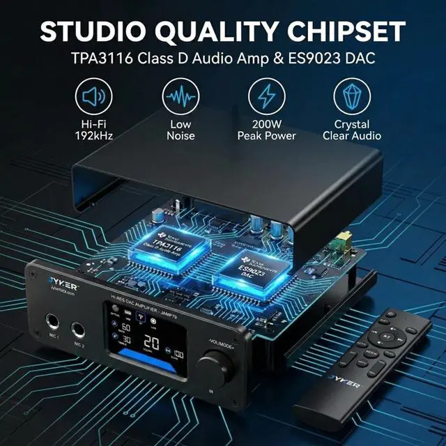 Alt view image 4 of 6 - Hi-Fi DAC Stereo Amplifier w/Bluetooth 5.2-2 Channel Class D TPA3116 x2 ES9023 Audio Amp for Passive Speakers, AUX/SUB Outputs, Opt/USB/MIC/RCA Inputs, Bass Treble Echo, Colored LCD (400, Watts)