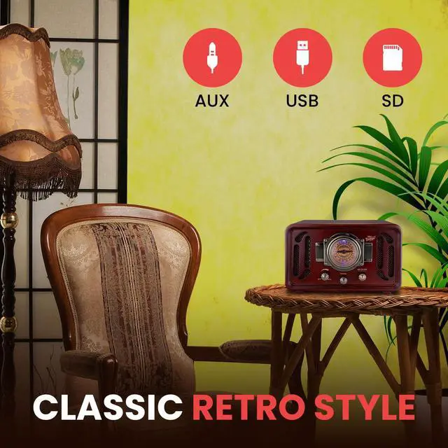 Alt view image 3 of 6 - Retro Wireless Bluetooth Radio Speaker - Classic Vintage Style Audio Sound Receiver System w/Built-in Stereo Speakers, USB, SD Card Slot, AUX, RCA, MP3, AM/FM Tuner - PUNP34BT