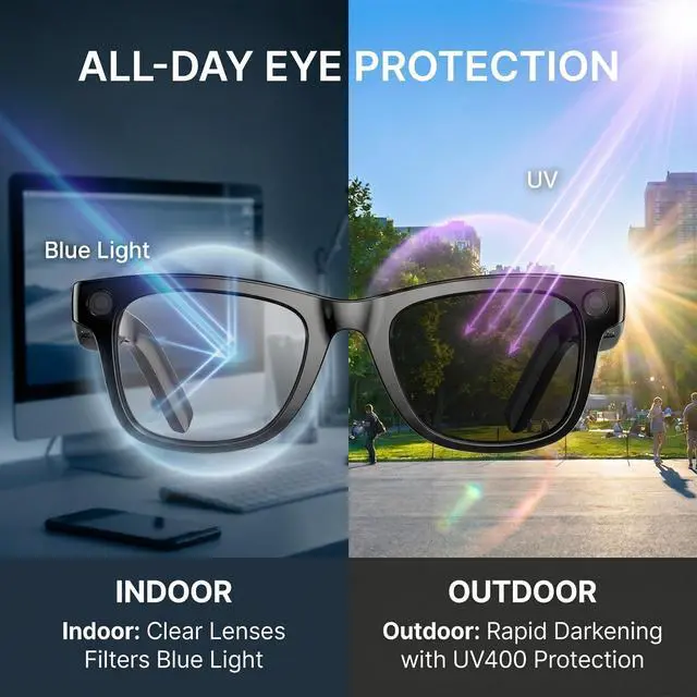 Alt view image 4 of 6 - 2026 Ai Smart Glasses for Men Women, 8mp 4k Hd Camera Glasses, 410mah Battery, Supports Photo/Video/Audio Recording, Ai Voice Control, Ai Glasses with Bluetooth Calling(Photochromic & Blue Light)