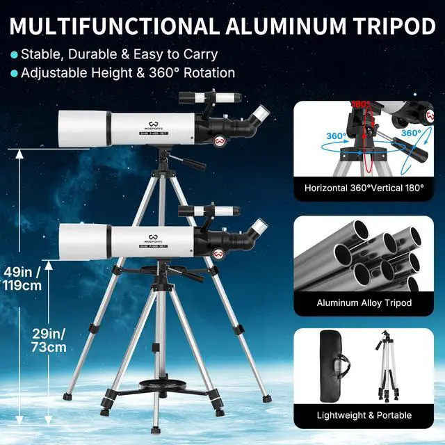 Alt view image 5 of 6 - Telescope for Adults High Powered, 90mm Aperture 600mm Astronomy Portable Professional Refractor Telescope for Beginners, Magnification 180X, with Adjustable Tripod, Phone Adapter, Carry Bag