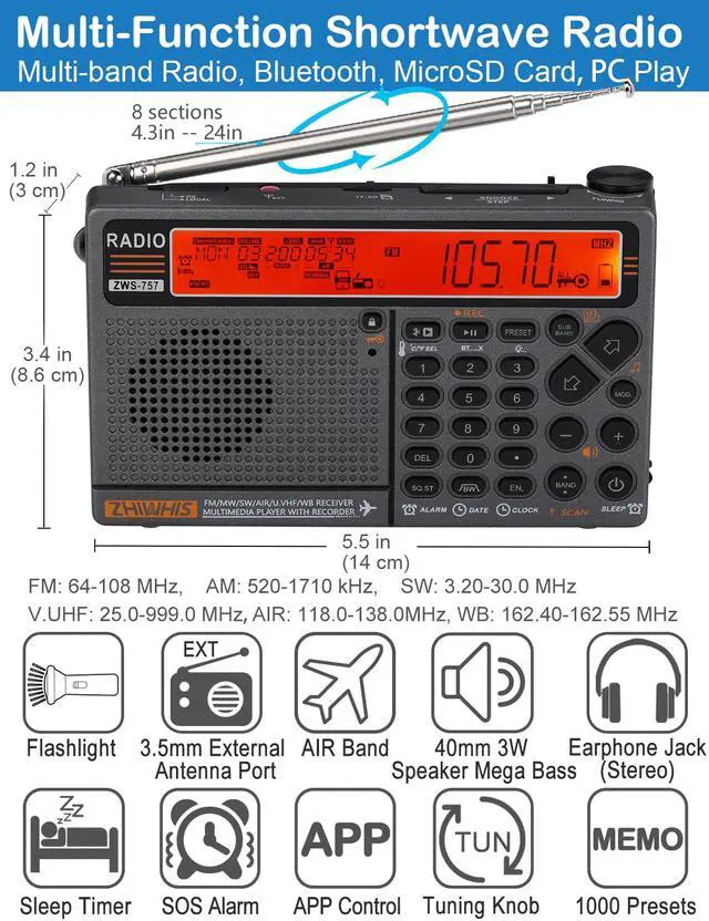 Alt view image 2 of 6 - Shortwave Radio with APP Control and Antenna Port, AIR AM FM SW UHF VHF WB NOAA Emergency Radios, Flashlight/SOS Alarm/Bluetooth/MicroSD Play/1000Presets/Rechargeable Portable Receiver ZWS-757