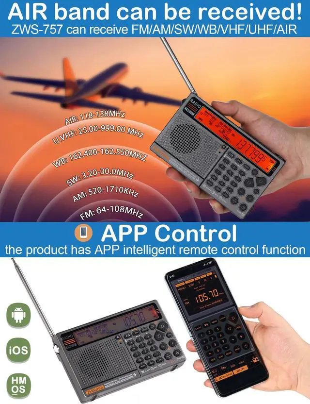 Alt view image 3 of 6 - Shortwave Radio with APP Control and Antenna Port, AIR AM FM SW UHF VHF WB NOAA Emergency Radios, Flashlight/SOS Alarm/Bluetooth/MicroSD Play/1000Presets/Rechargeable Portable Receiver ZWS-757