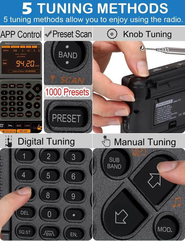 Alt view image 4 of 6 - Shortwave Radio with APP Control and Antenna Port, AIR AM FM SW UHF VHF WB NOAA Emergency Radios, Flashlight/SOS Alarm/Bluetooth/MicroSD Play/1000Presets/Rechargeable Portable Receiver ZWS-757