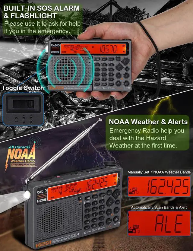 Alt view image 5 of 6 - Shortwave Radio with APP Control and Antenna Port, AIR AM FM SW UHF VHF WB NOAA Emergency Radios, Flashlight/SOS Alarm/Bluetooth/MicroSD Play/1000Presets/Rechargeable Portable Receiver ZWS-757