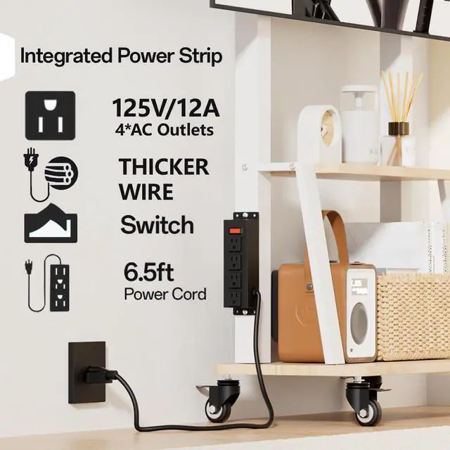 Alt view image 2 of 6 - Mobile TV Stand with Power Outlet, Wood Shelf Portable TV Stand on Wheels for 32 to 55 65 70 75 inch Television, Height Adjustable White TV Cart, Holds up to 130LBS, Vesa 600×400mm