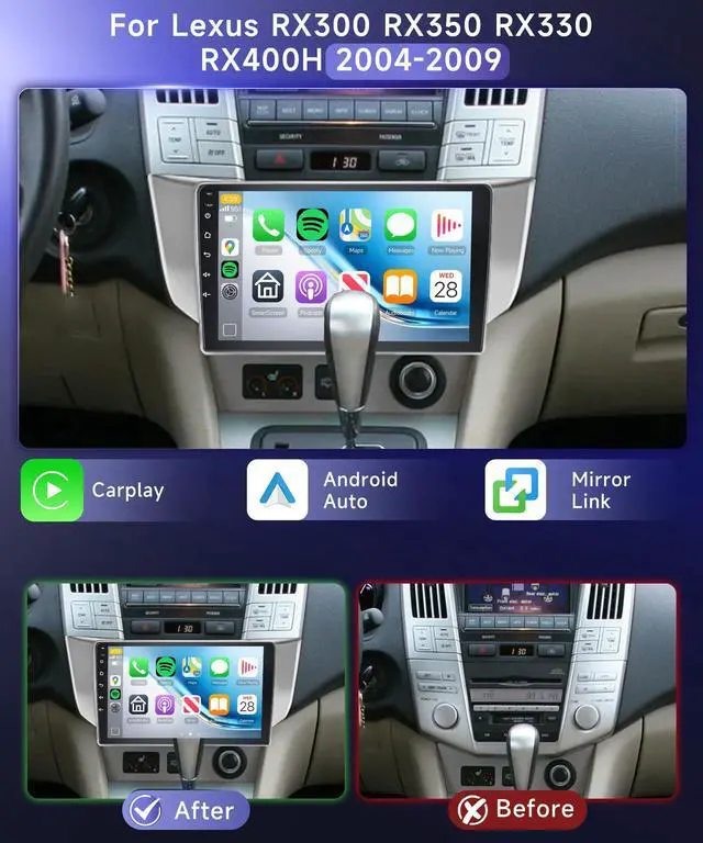 Alt view image 2 of 6 - 4G+64G Car Radio Stereo for Lexus RX300 RX350 RX330 RX400H 2004-2009, 9" IPS Touch Screen/Android 15/Wireless CarPlay/Android Auto/32 EQ/GPS/WiFi/5.0Bluetooth/FM/SWC/AHD Backup Camera