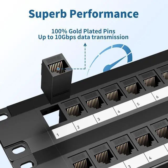 Alt view image 3 of 6 - 48 Port Patch Panel, Keystone Patch Panel 48 Port Loaded with RJ45 Couplers Plus 4 Spare, 10G Pass-Through, UTP 19-Inch 2U Ethernet Panel with Removable Back Bar for Cat5, Cat5e, Cat6 Cabling