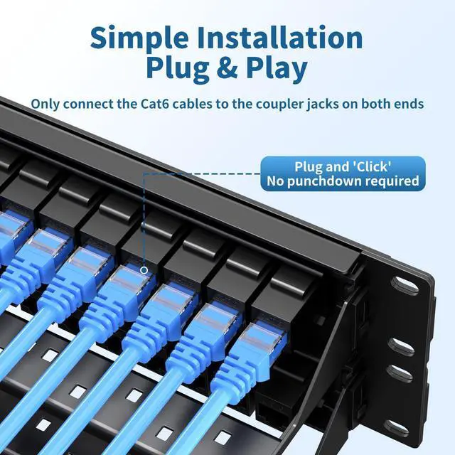 Alt view image 4 of 6 - 48 Port Patch Panel, Keystone Patch Panel 48 Port Loaded with RJ45 Couplers Plus 4 Spare, 10G Pass-Through, UTP 19-Inch 2U Ethernet Panel with Removable Back Bar for Cat5, Cat5e, Cat6 Cabling