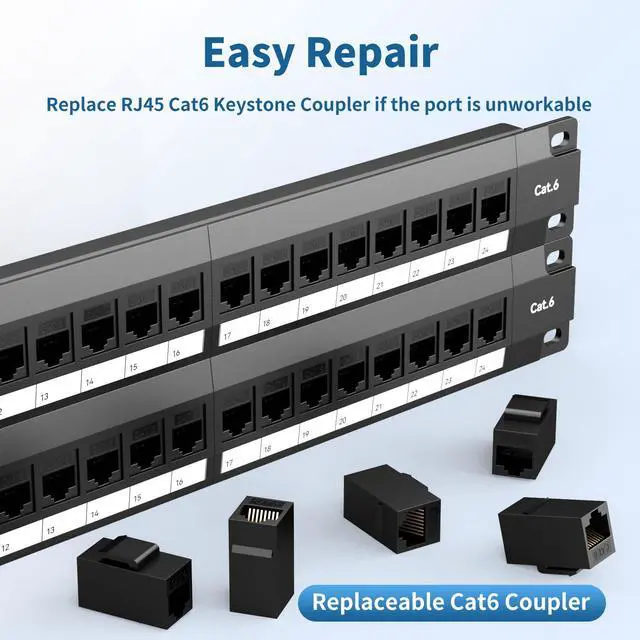 Alt view image 5 of 6 - 48 Port Patch Panel, Keystone Patch Panel 48 Port Loaded with RJ45 Couplers Plus 4 Spare, 10G Pass-Through, UTP 19-Inch 2U Ethernet Panel with Removable Back Bar for Cat5, Cat5e, Cat6 Cabling