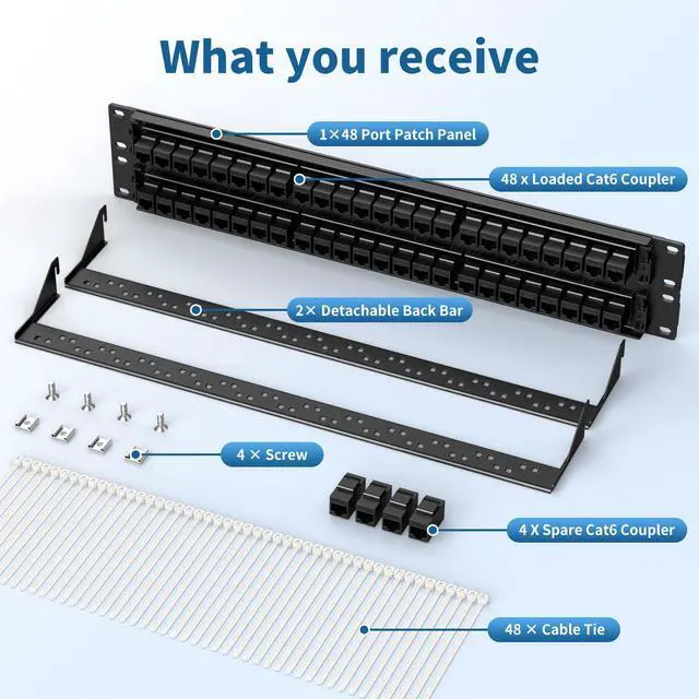 Alt view image 6 of 6 - 48 Port Patch Panel, Keystone Patch Panel 48 Port Loaded with RJ45 Couplers Plus 4 Spare, 10G Pass-Through, UTP 19-Inch 2U Ethernet Panel with Removable Back Bar for Cat5, Cat5e, Cat6 Cabling
