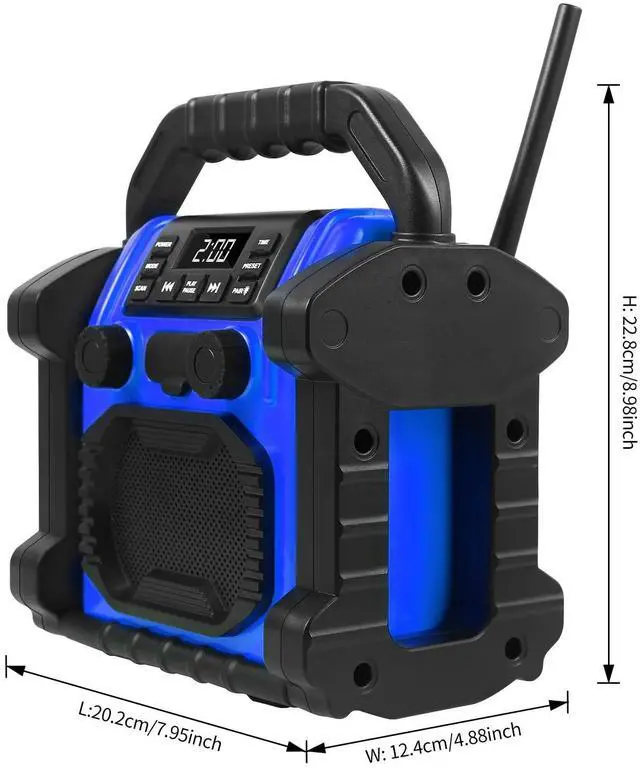 Alt view image 2 of 6 - Outdoor Radios Waterproof Bluetooth Speaker, 30W 8000mAh Battery FM Clock Radio,Portable with LED Lights,Anticollision FM Radios for Outdoor/Workshop/Garage (Blue)