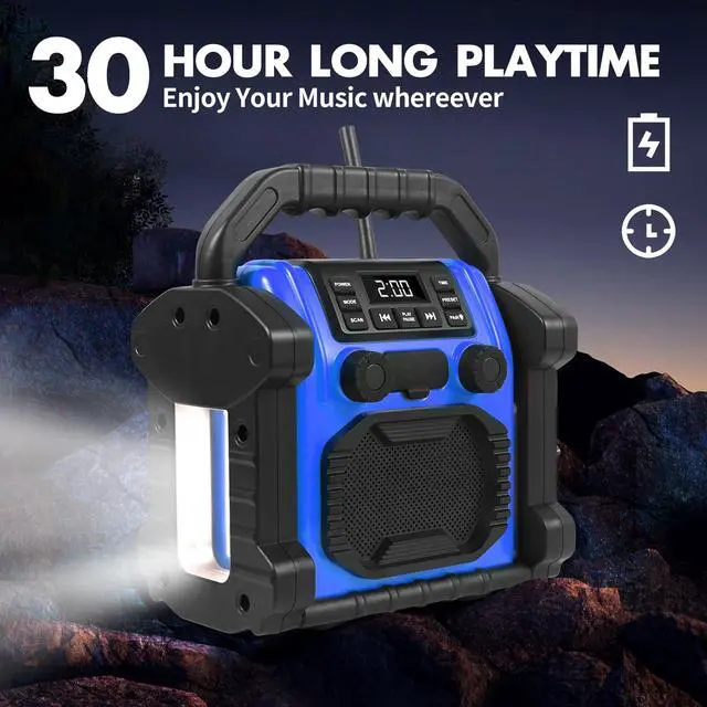 Alt view image 3 of 6 - Outdoor Radios Waterproof Bluetooth Speaker, 30W 8000mAh Battery FM Clock Radio,Portable with LED Lights,Anticollision FM Radios for Outdoor/Workshop/Garage (Blue)