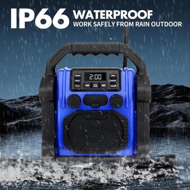 Alt view image 4 of 6 - Outdoor Radios Waterproof Bluetooth Speaker, 30W 8000mAh Battery FM Clock Radio,Portable with LED Lights,Anticollision FM Radios for Outdoor/Workshop/Garage (Blue)