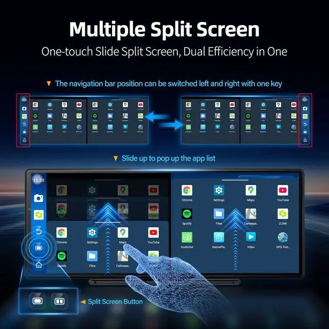 Alt view image 4 of 6 - 11.3" QLED Android 8Core 4G+64G Carplay Screen for Car Android Auto & Carplay Screen with Net-Flix YouTube Google Play 1080P Rear Camera Split Screen GPS Navigation Voice Control