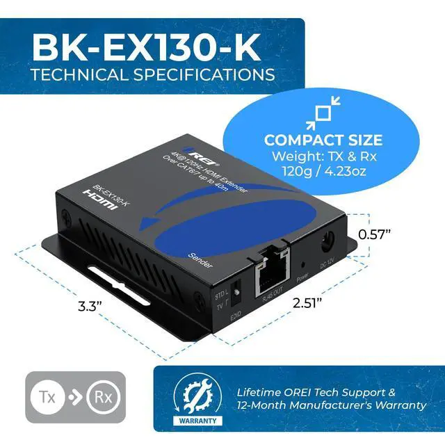 Alt view image 5 of 6 - 4K@120hz HDMI Over Ethernet Extender Balun UltraHD 4:4:4 Over Single CAT6/7 Cable with HDR, & Bi Directional IR Control - Up to 130 Ft with CAT6/7 Audio L/R Out (BK-EX130-K)