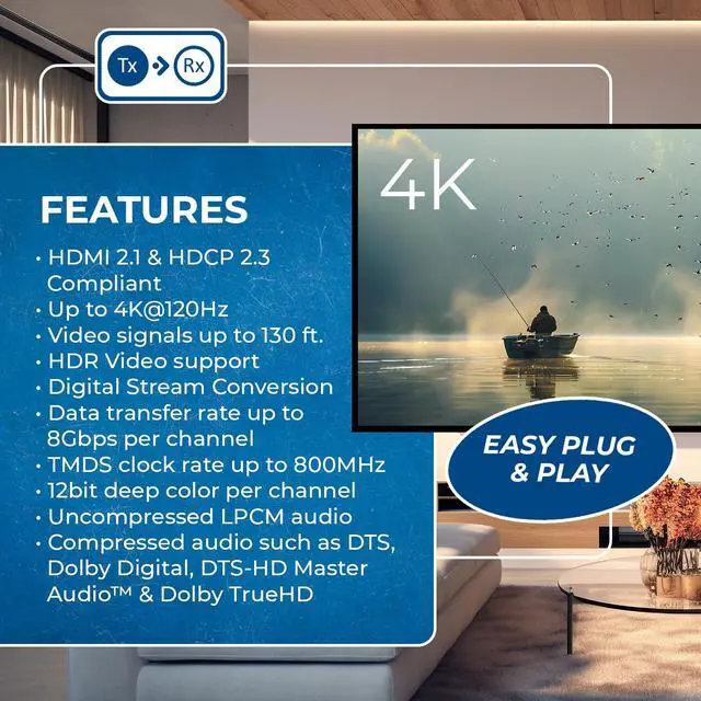 Alt view image 6 of 6 - 4K@120hz HDMI Over Ethernet Extender Balun UltraHD 4:4:4 Over Single CAT6/7 Cable with HDR, & Bi Directional IR Control - Up to 130 Ft with CAT6/7 Audio L/R Out (BK-EX130-K)
