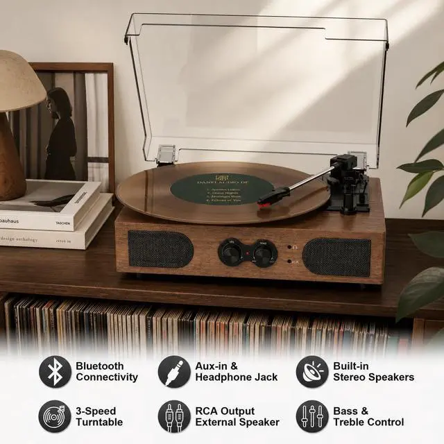 Alt view image 2 of 6 - Record Player with Built-in Speakers Bluetooth, Walnut Vinyl Turntable Belt-Drive 3-Speed with Bass Treble Control, RCA Output AUX-in Headphone Jack Auto Stop
